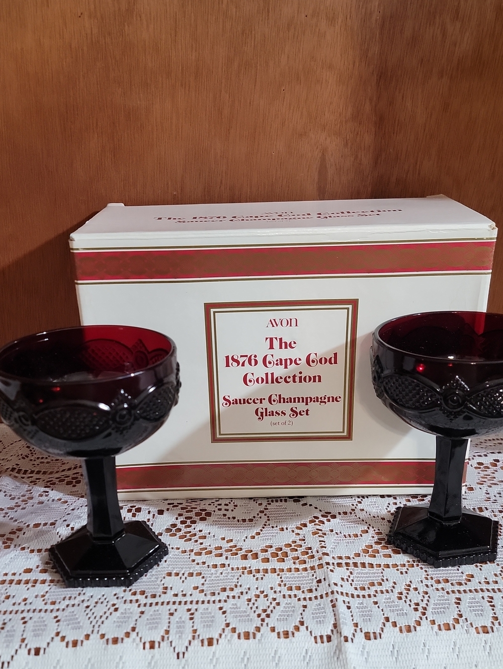 Avon Ruby Red 1876 Cape Cod Saucer Champagne Glasses (set of 2)